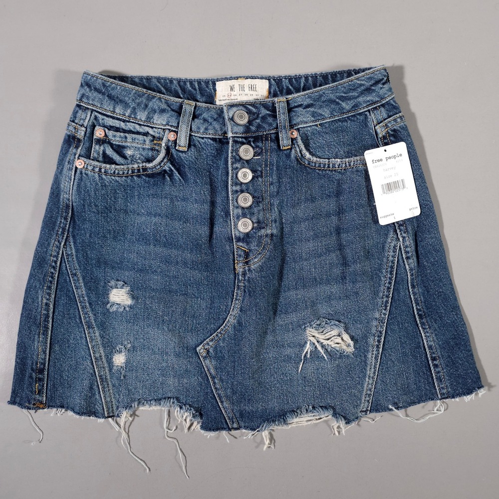 Free People Harvey Denim Mini Skirt Womens 25 Blue Distressed Button Fly New